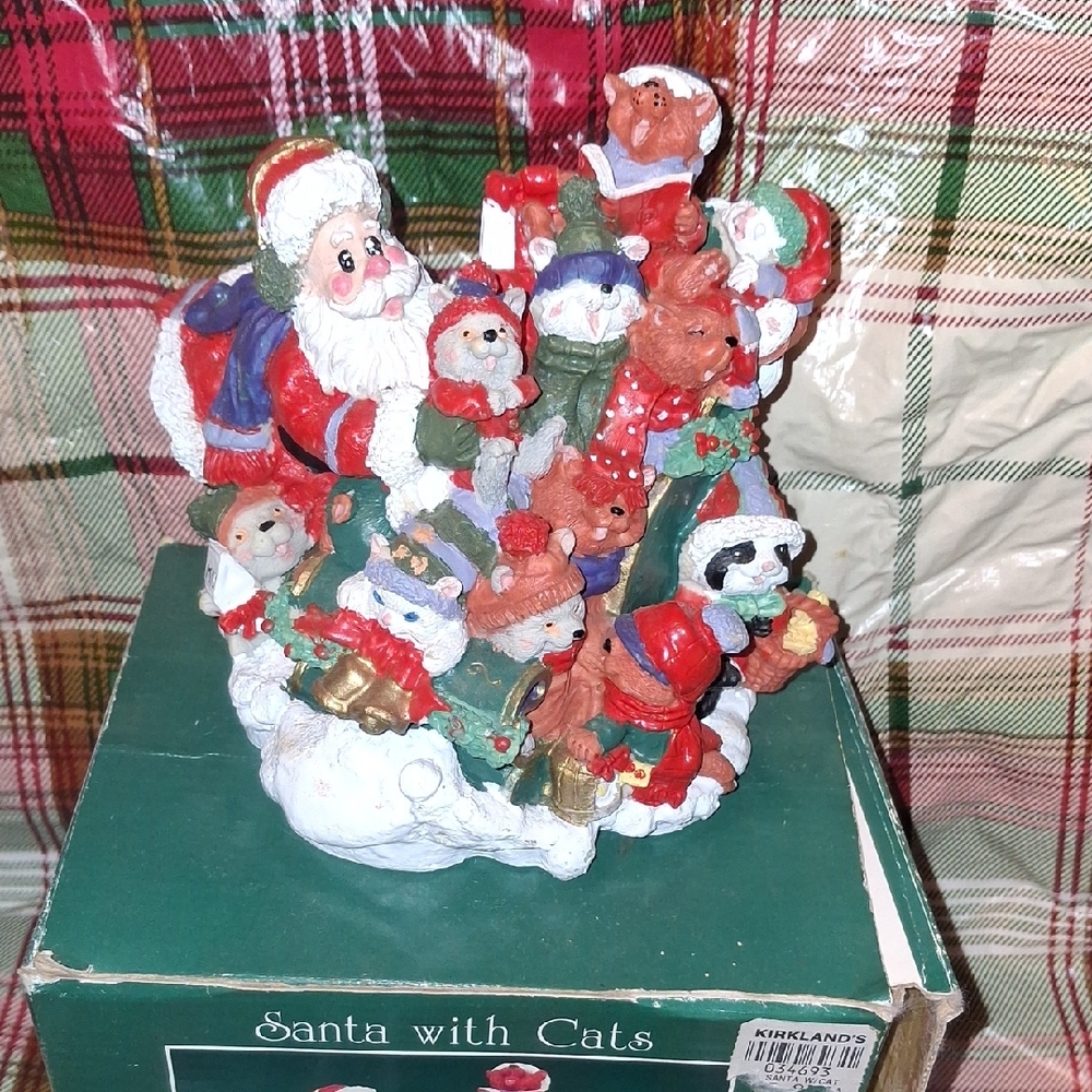 Kirklands Festive Santa and Cats Figurine - Red, Green, White